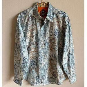 Robert Graham Mens Paisley Buttoned Long Sleeve Shirt White Blue Sz Large